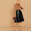 Solid Single Breasted High Waist Leather Elegant Flared Skirt - Image 5