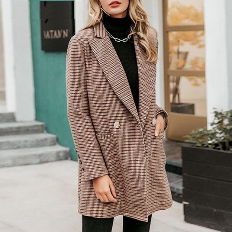 Vintage plaid Elegant office ladies Long sleeve coat