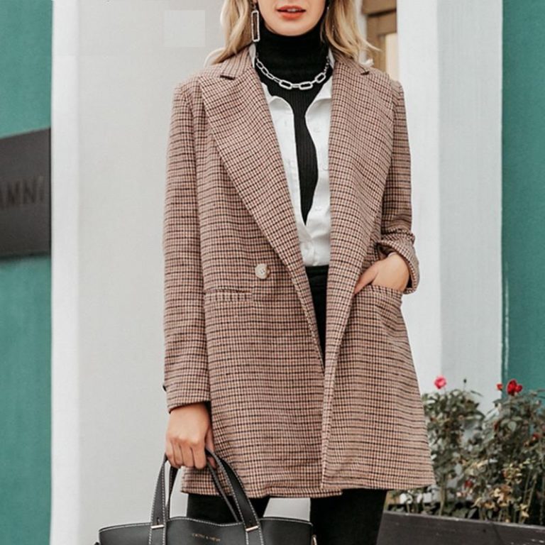 Vintage plaid Elegant office ladies Long sleeve coat - Image 3