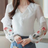 Chiffon V Neck Layered Casual Printed Embroidered Ruffles Long Sleeves Tops