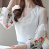 Chiffon V Neck Layered Casual Printed Embroidered Ruffles Long Sleeves Tops - Image 2