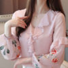 Chiffon V Neck Layered Casual Printed Embroidered Ruffles Long Sleeves Tops - Image 4
