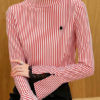 High Collar Asymmetrical Academic Stripes Split Lace Long Sleeves Tops