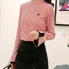 High Collar Asymmetrical Academic Stripes Split Lace Long Sleeves Tops - Image 2