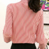 High Collar Asymmetrical Academic Stripes Split Lace Long Sleeves Tops - Image 3