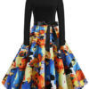 Jewel Neck Long Sleeves Printed Vintage Dress