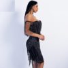 Off Shoulder Striped Glitter Elegant Tassel Mini Dress - Image 4