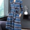 Plaid Coat Turndown Collar Wrap Coat Buttons Casual Coat
