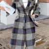 Plaid Turndown Collar Pockets Casual Wrap Coat