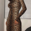Leopard Print High Collar Long Sleeves Bodycon Dress - Image 3