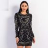 Sexy O-Neck Long-Sleeved Geometric Silver And Gold Studded Velvet Mini Dress