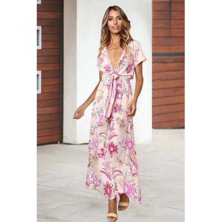 Sexy Ruffles Deep V-Neck High Waist Boho Print Maxi Dress