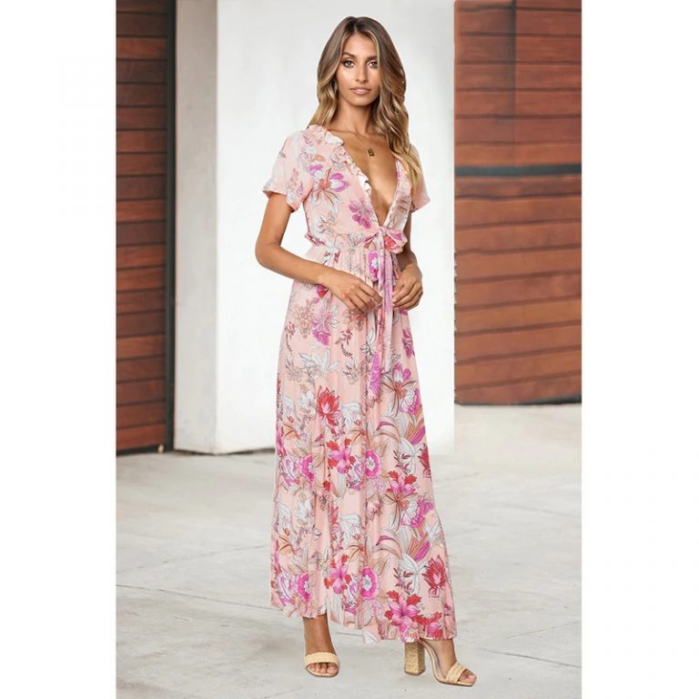 Sexy Ruffles Deep V-Neck High Waist Boho Print Maxi Dress - Image 2