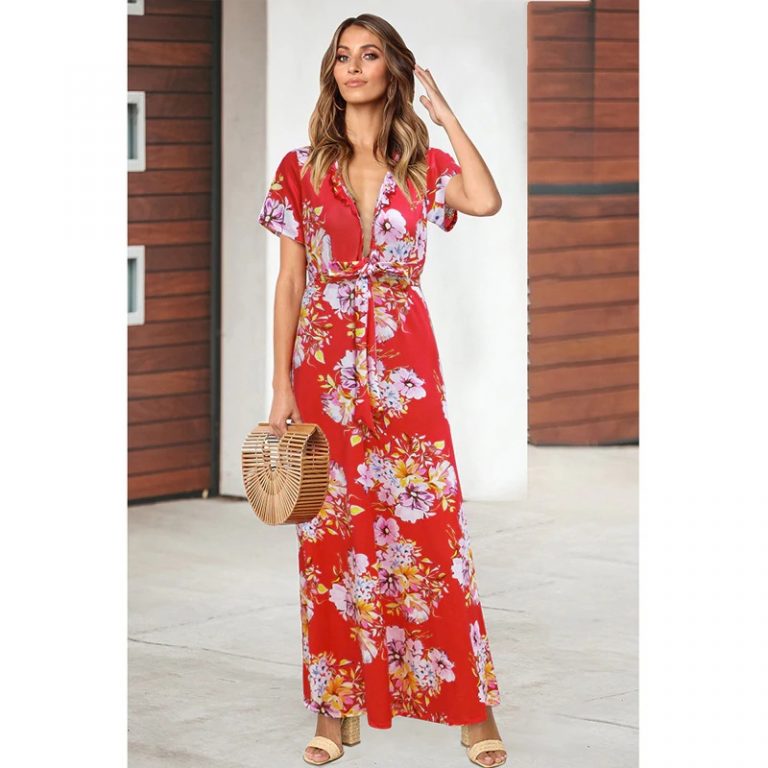 Sexy Ruffles Deep V-Neck High Waist Boho Print Maxi Dress - Image 4