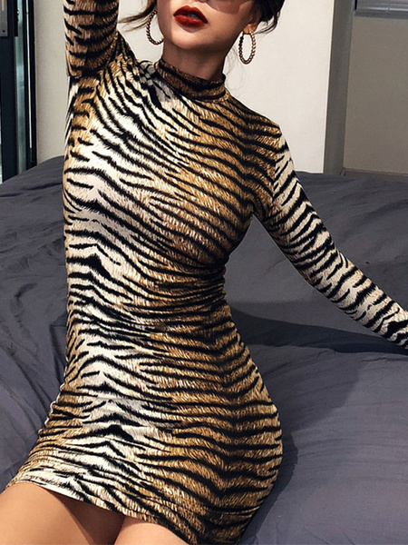 Sexy Tiger Print High Collar Pencil Dress - Image 2