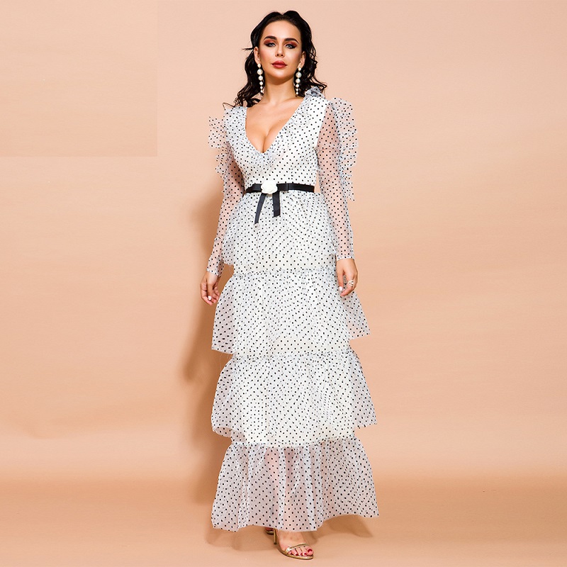 Sexy V Neck Long Sleeve Dot Ruffles Maxi Dresses - Image 2