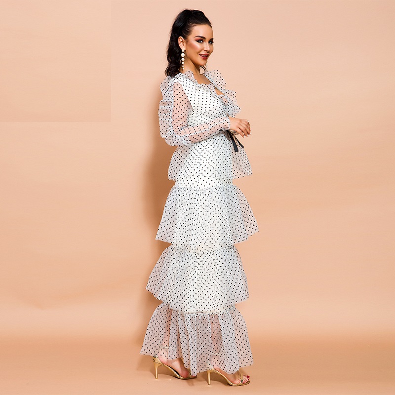 Sexy V Neck Long Sleeve Dot Ruffles Maxi Dresses - Image 4