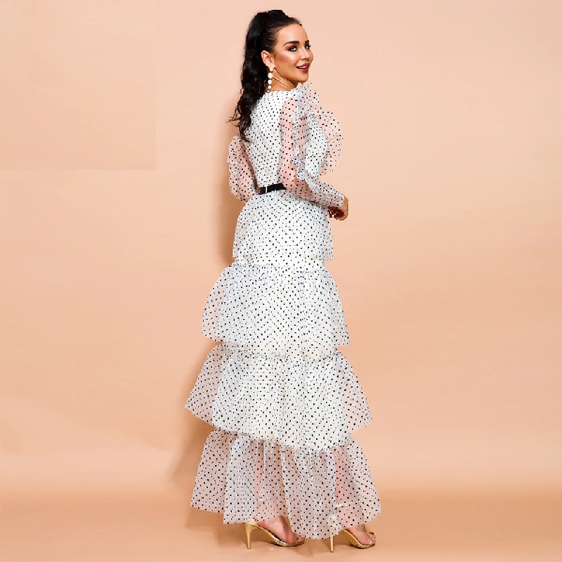 Sexy V Neck Long Sleeve Dot Ruffles Maxi Dresses - Image 5