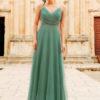 Tulle A Line V Neck Floor Length Wedding Party Bridesmaid Dress