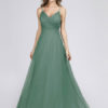 Tulle A Line V Neck Floor Length Wedding Party Bridesmaid Dress - Image 2