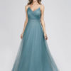 Tulle A Line V Neck Floor Length Wedding Party Bridesmaid Dress - Image 5