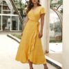 V Neck Wrap Bow Floral Dot Ruffles Maxi Dress - Image 3
