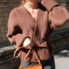 Casual Knitting V-Neck Minimalist Belt Lace Up Solid Sweater