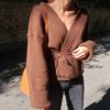 Casual Knitting V-Neck Minimalist Belt Lace Up Solid Sweater - Image 2