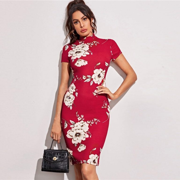 Elegant Mock-Neck Floral Print Bodycon Dresses - Image 10