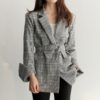 Fashion Bow Sashes Split Sleeve Plaid Office Lady Blazer