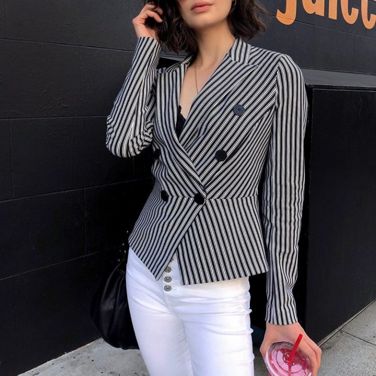 Fashion Stripe Long Sleeve Slim Double Button Short Blazer