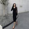 Lace Up V-Neck Single Breated Sashes Casual Straight Sweater Dress - Image 2