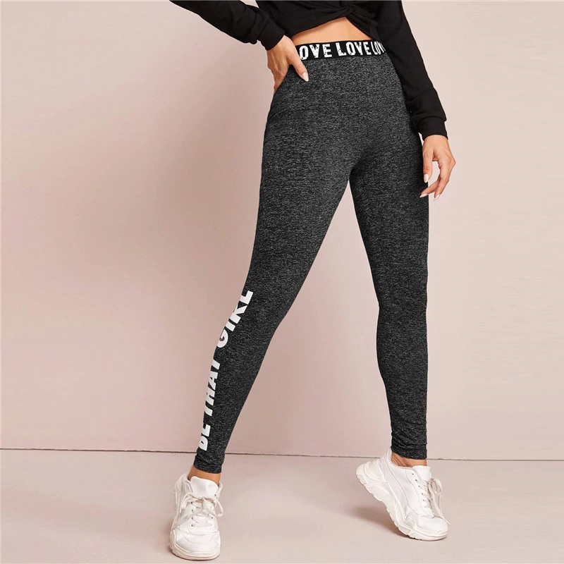 Letter Print Graphic Marled Leggings - Image 3