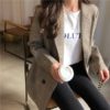 Office Ladies Notched Collar Plaid Double Breasted Blazer