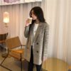 Office Ladies Notched Collar Plaid Double Breasted Blazer - Image 8