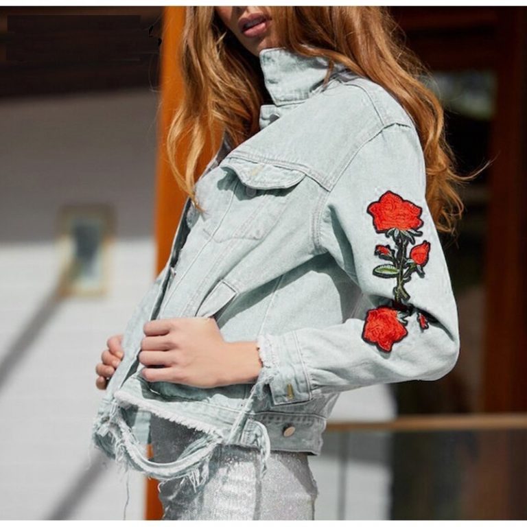 Rose Embroidery Floral  Long Sleeve Patchwork Denim Jeans Jacket