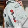 Rose Embroidery Floral  Long Sleeve Patchwork Denim Jeans Jacket - Image 3