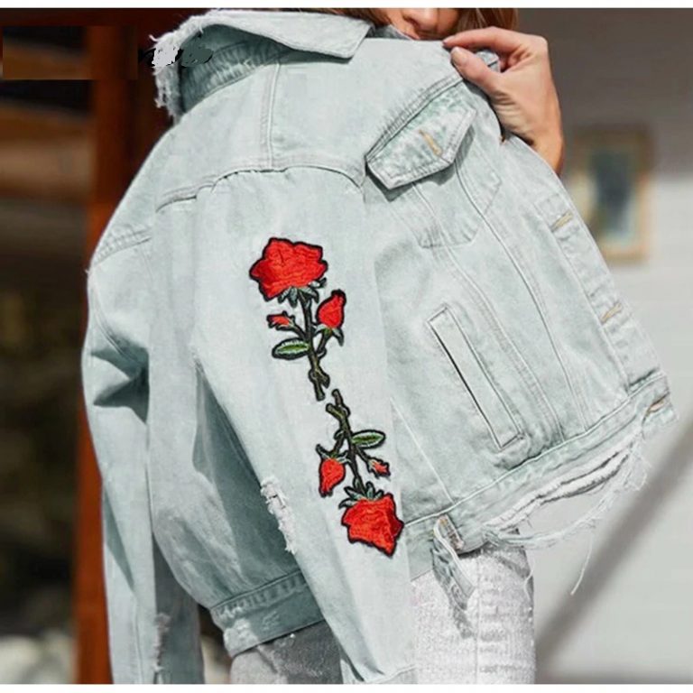 Rose Embroidery Floral  Long Sleeve Patchwork Denim Jeans Jacket - Image 3