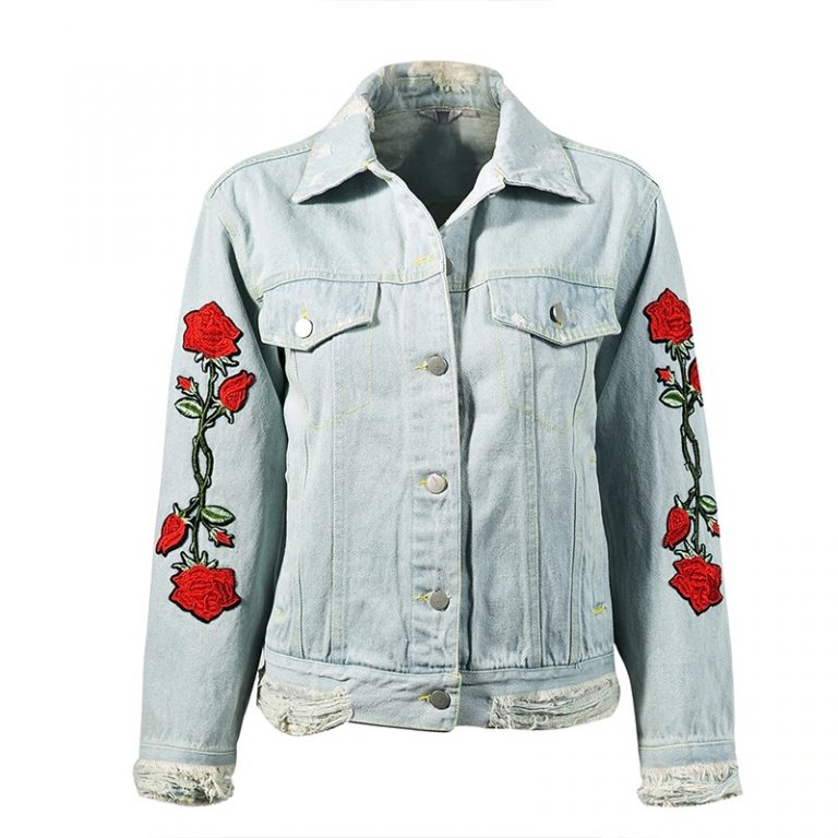 Rose Embroidery Floral  Long Sleeve Patchwork Denim Jeans Jacket - Image 4