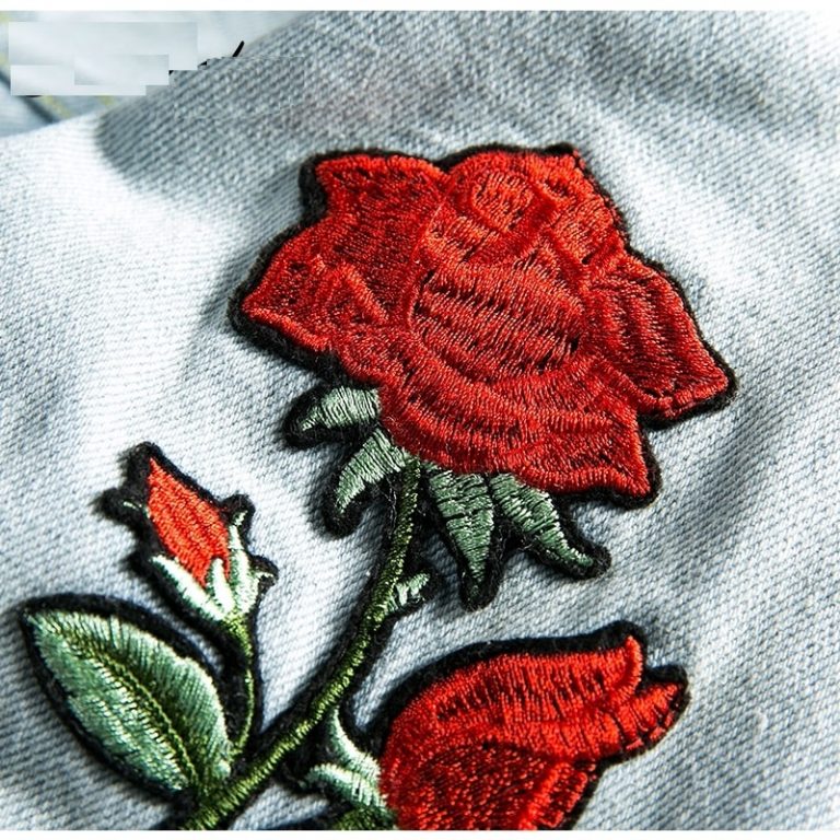 Rose Embroidery Floral  Long Sleeve Patchwork Denim Jeans Jacket - Image 6