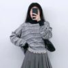 Stand Collar Tweed Long Sleeve Casual Jumper Tops - Image 3