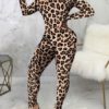Animal Print Bateau Neck Long Sleeves Stretch Polyester Skinny Playsuit