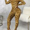 Animal Print Bateau Neck Long Sleeves Stretch Polyester Skinny Playsuit - Image 6