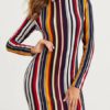 Bodycon Dresses Stripes High Collar Long Sleeves Pencil Dress