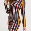 Bodycon Dresses Stripes High Collar Long Sleeves Pencil Dress - Image 2