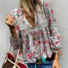 Bohemian V-neck Floral Print Lantern Sleeve Lace Patchwork Blouses