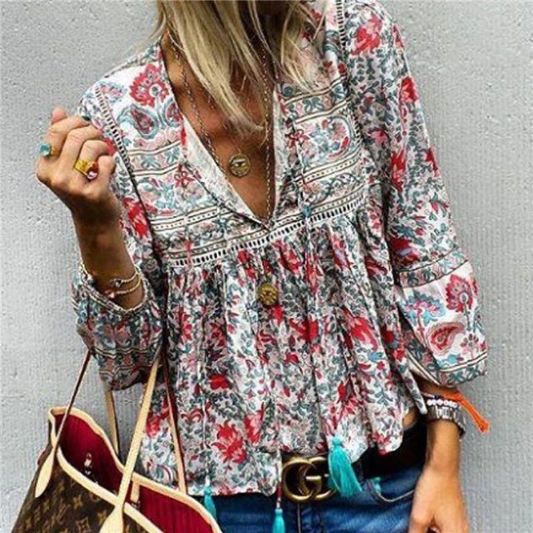 Bohemian V-neck Floral Print Lantern Sleeve Lace Patchwork Blouses