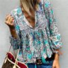 Bohemian V-neck Floral Print Lantern Sleeve Lace Patchwork Blouses - Image 2