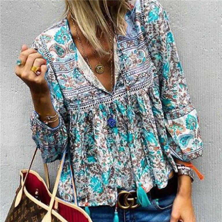 Bohemian V-neck Floral Print Lantern Sleeve Lace Patchwork Blouses - Image 2