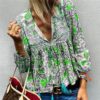 Bohemian V-neck Floral Print Lantern Sleeve Lace Patchwork Blouses - Image 3
